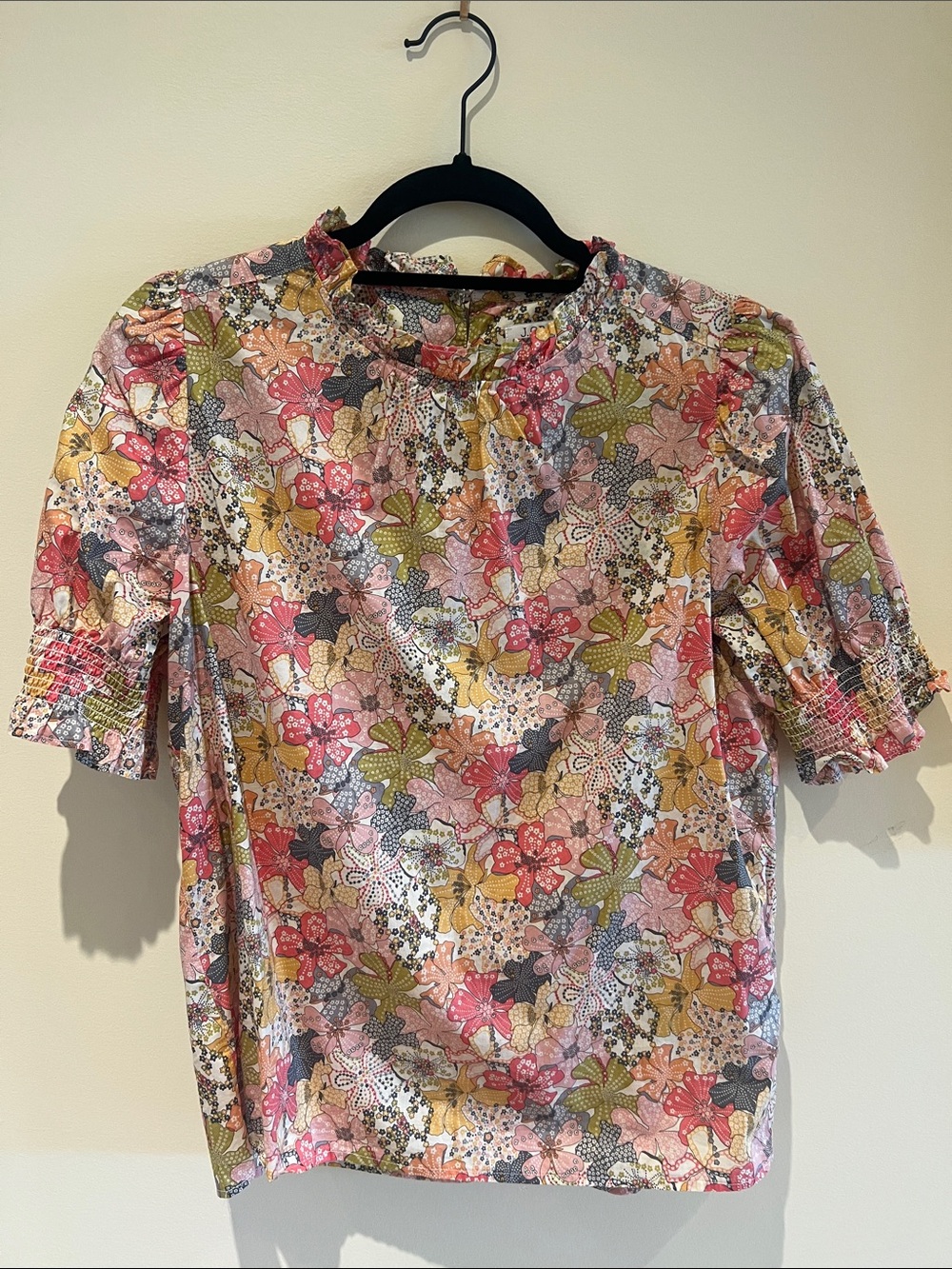 J. Crew x Liberty of London Floral Short Sleeve Blouse in Pink, Yellow & Green
